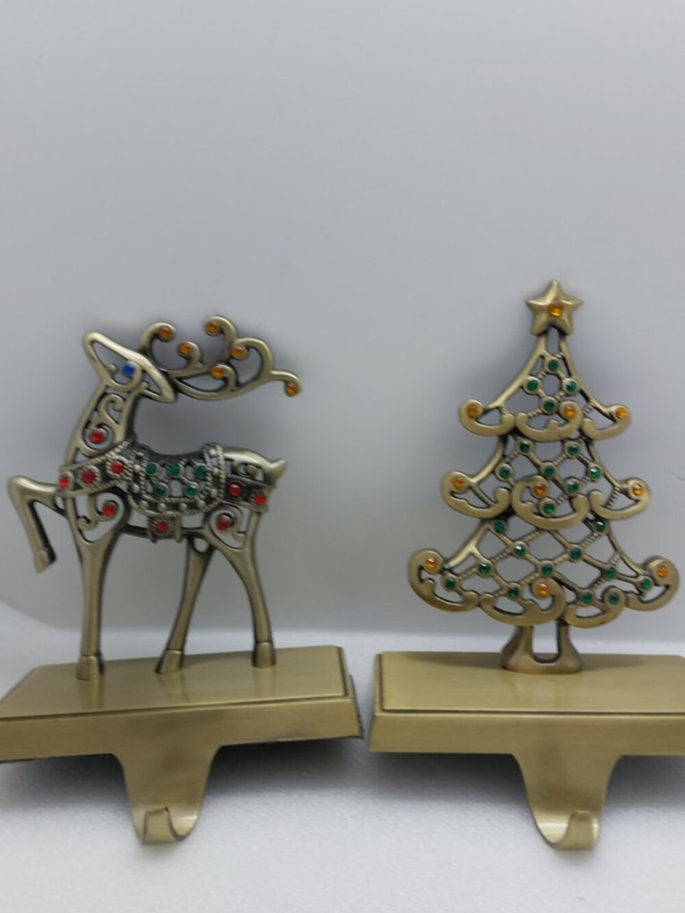 2 Christmas Brass - Tone Metal Stocking Holder Reindeer Tree